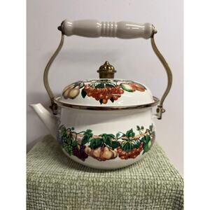 Vintage Tabletops Unlimited Ceramic Teapot Fruit Pattern Brass Handle